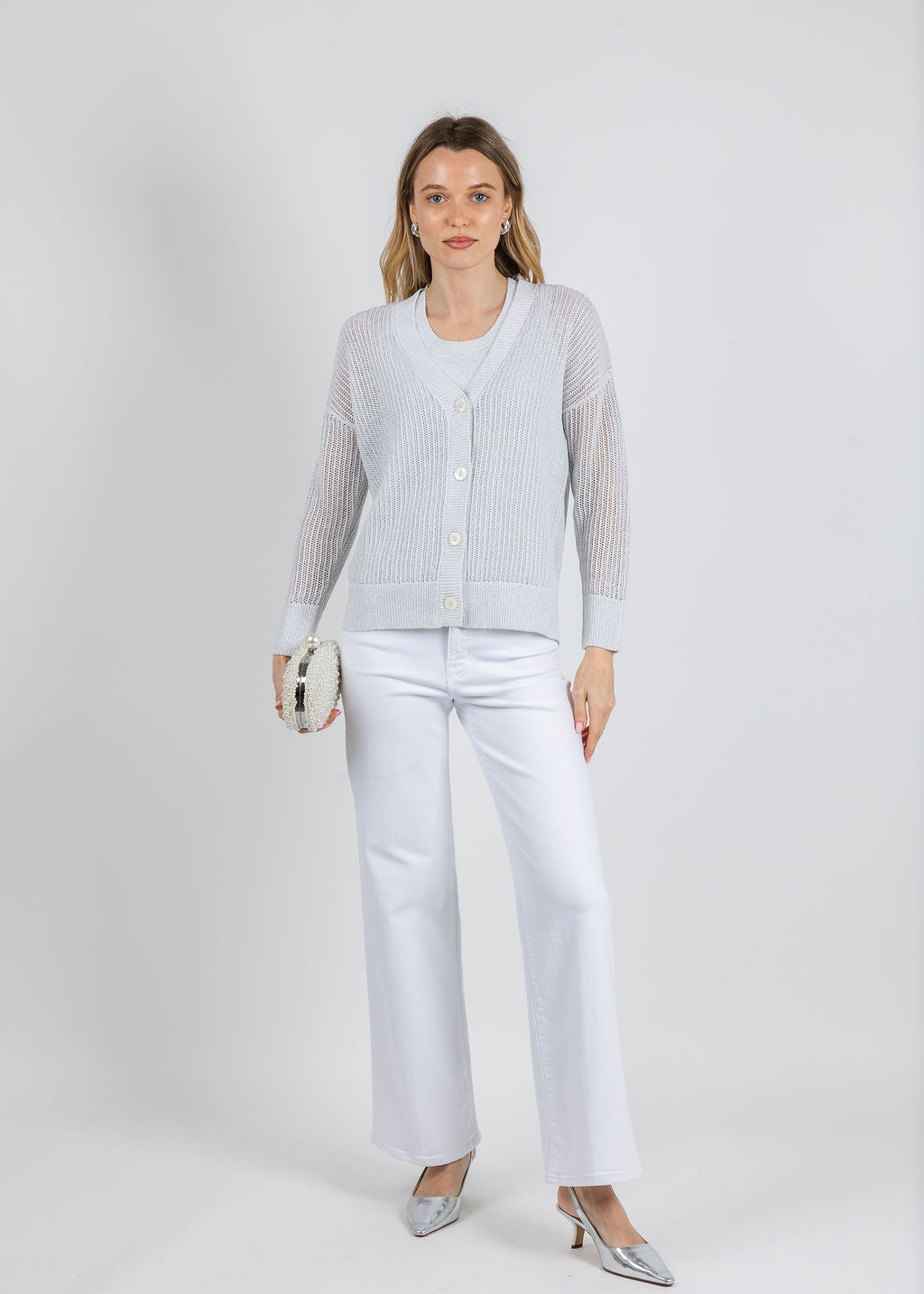 Kinross Open Texture Lurex Cardigan in White available at Barbara Katz
