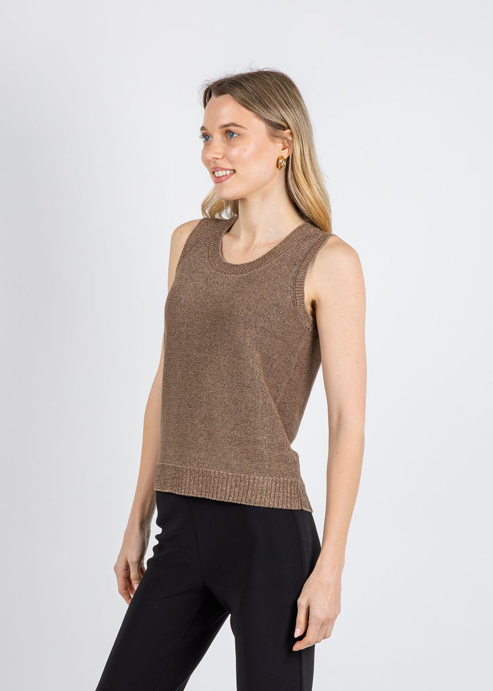 Kinross Open Texture Lurex Tank in Saddle available at Barbara Katz