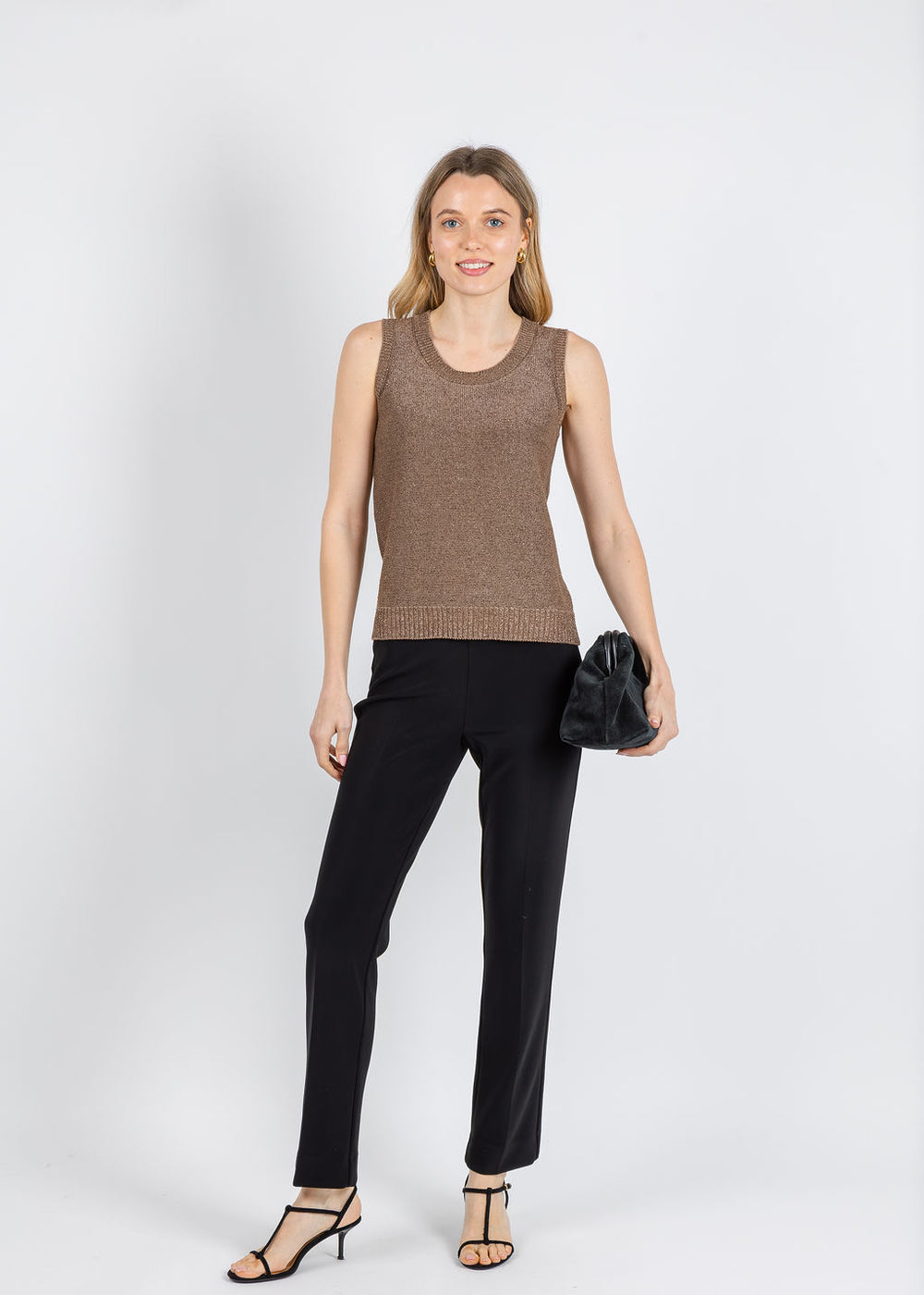 Kinross Open Texture Lurex Tank in Saddle available at Barbara Katz