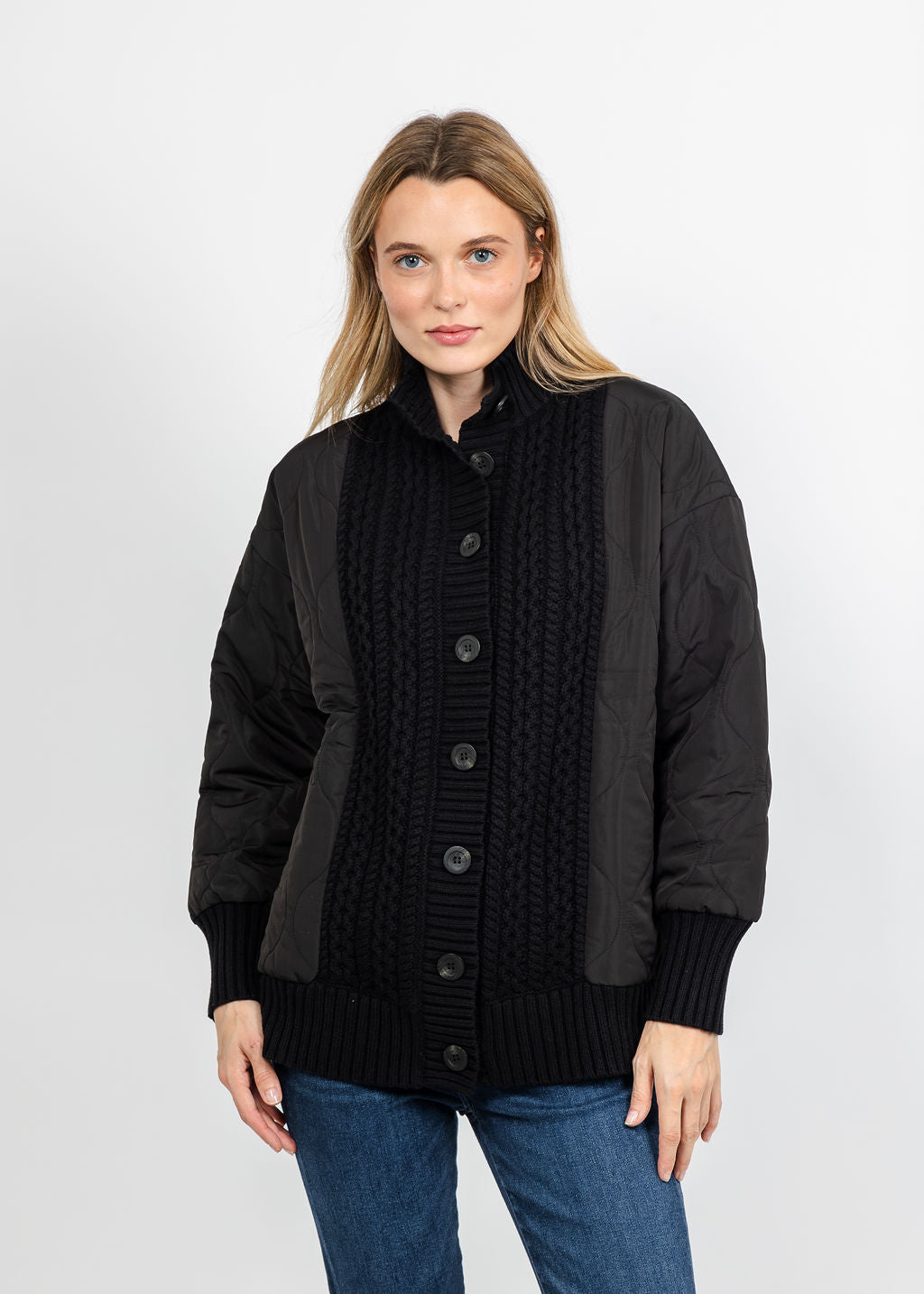 Kinross Quilted Cable Cardigan - Black available at Barbara Katz
