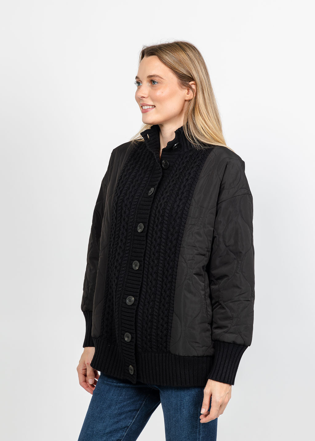 Kinross Quilted Cable Cardigan - Black available at Barbara Katz