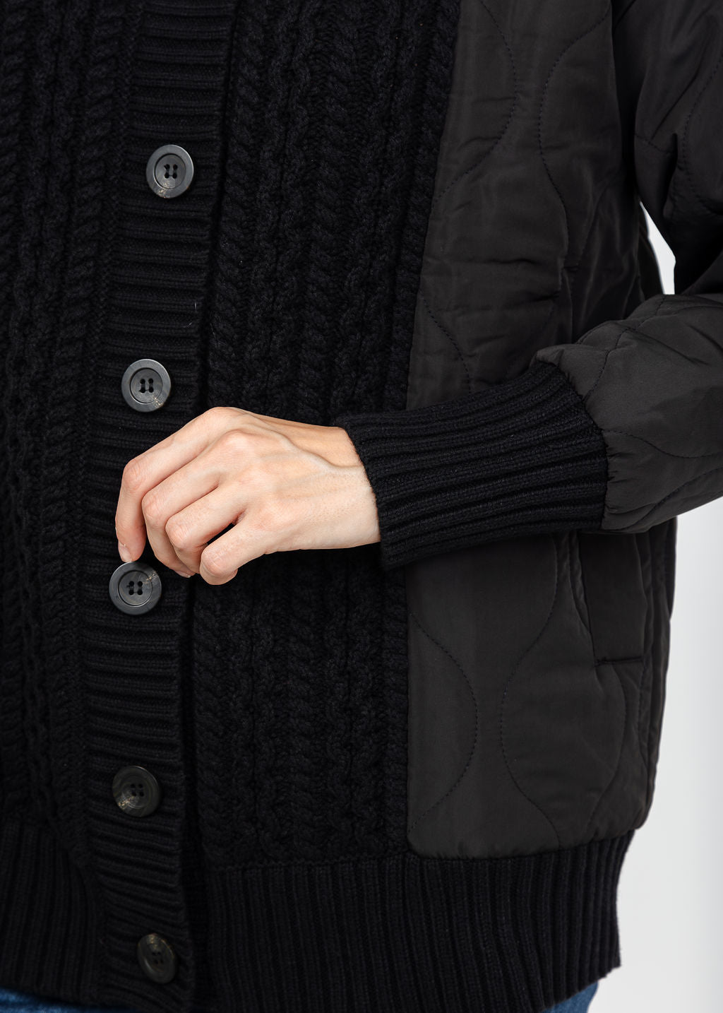 Kinross Quilted Cable Cardigan - Black available at Barbara Katz