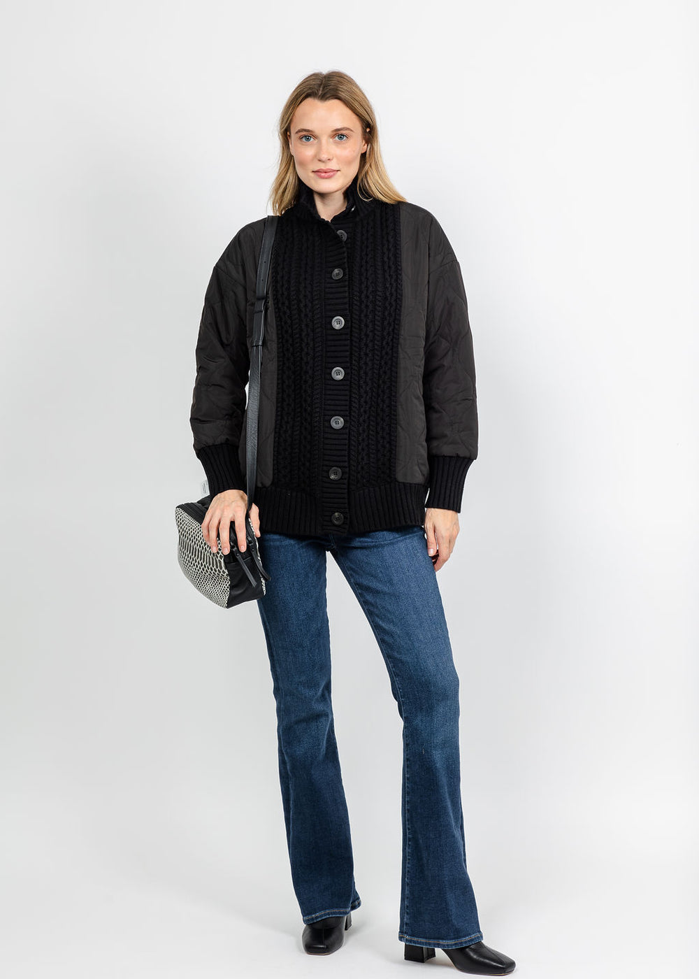 Kinross Quilted Cable Cardigan - Black available at Barbara Katz