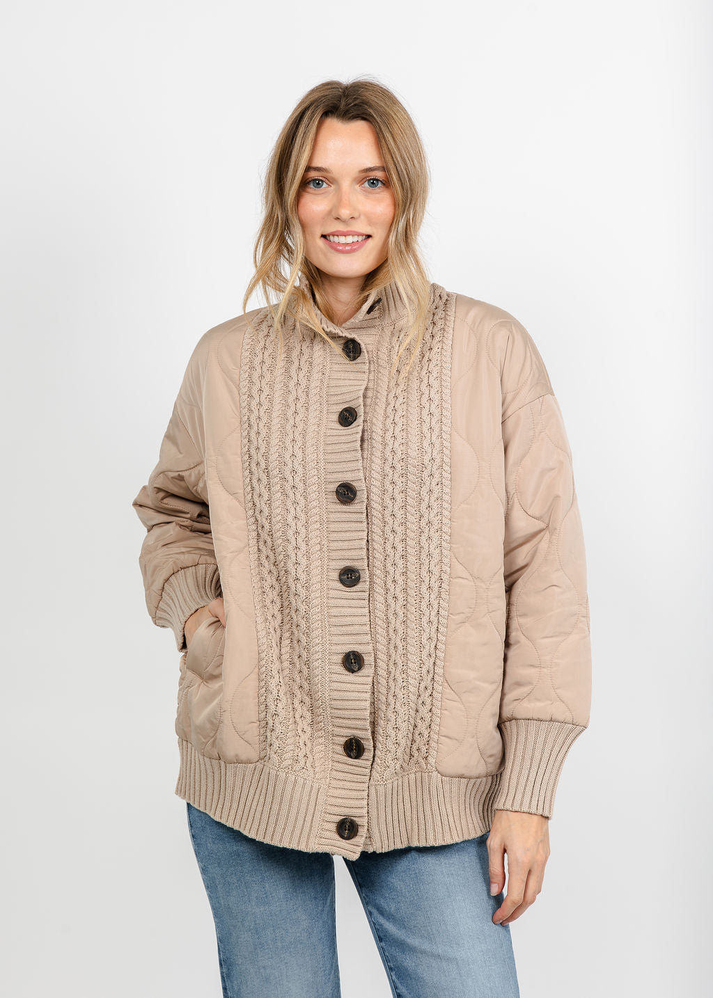 Kinross Quilted Cable Cardigan - Khaki available at Barbara Katz