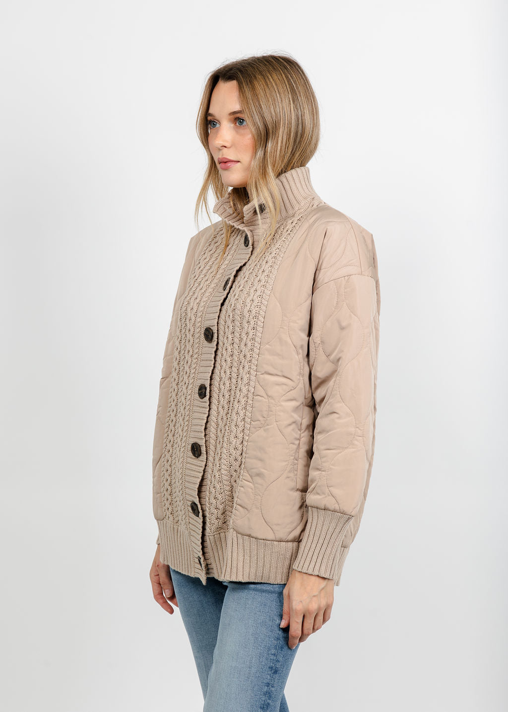Kinross Quilted Cable Cardigan - Khaki available at Barbara Katz