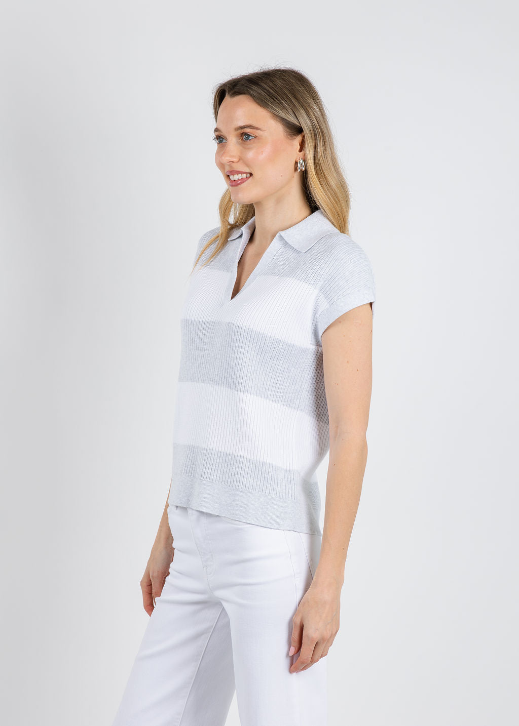 Kinross Rib Splitneck Polo in Dove/White available at Barbara Katz