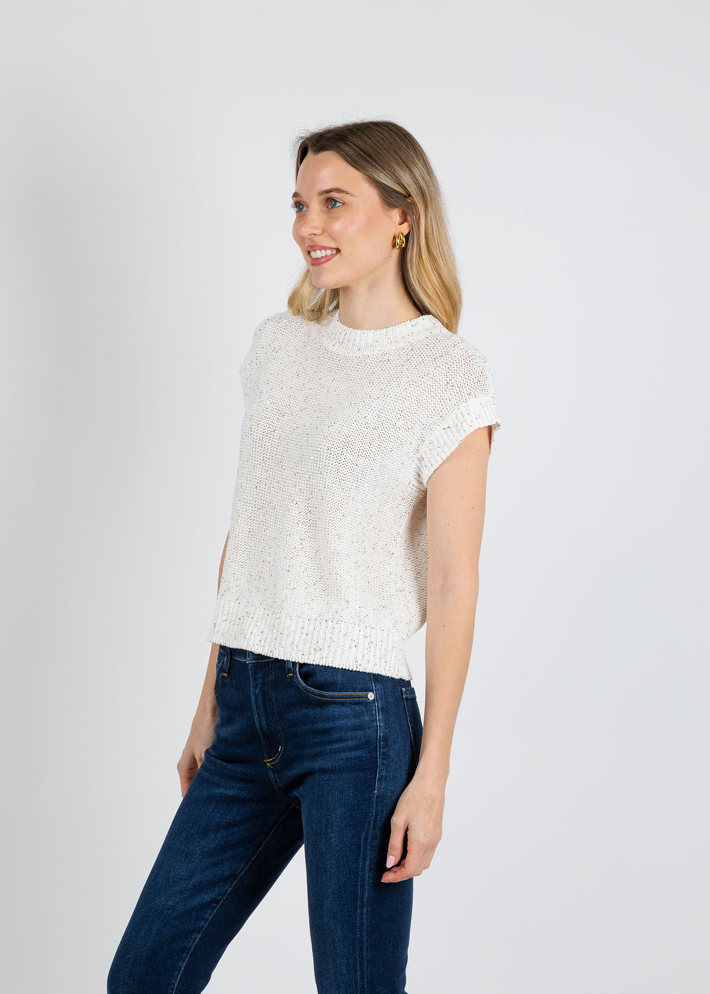 Kinross Sequin Cap Sleeve Crew Sweater in Chalk available at Barbara Katz