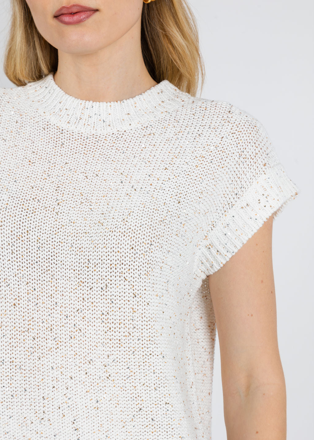 Kinross Sequin Cap Sleeve Crew Sweater in Chalk available at Barbara Katz