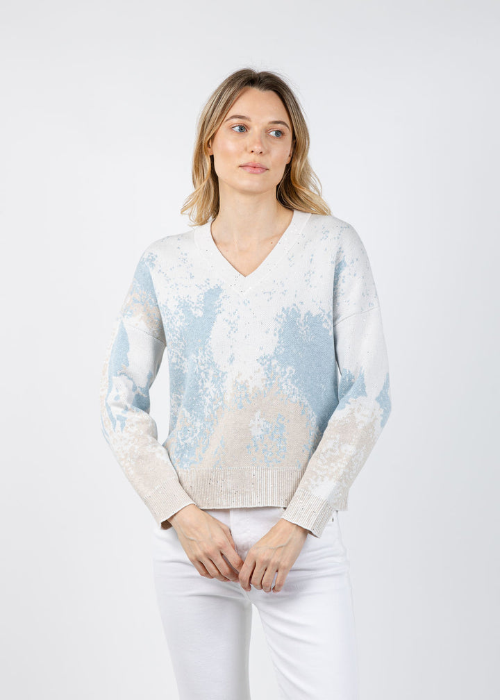 Kinross Sequin Jacquard Vee Sweater in Mist/Multi available at Barbara Katz