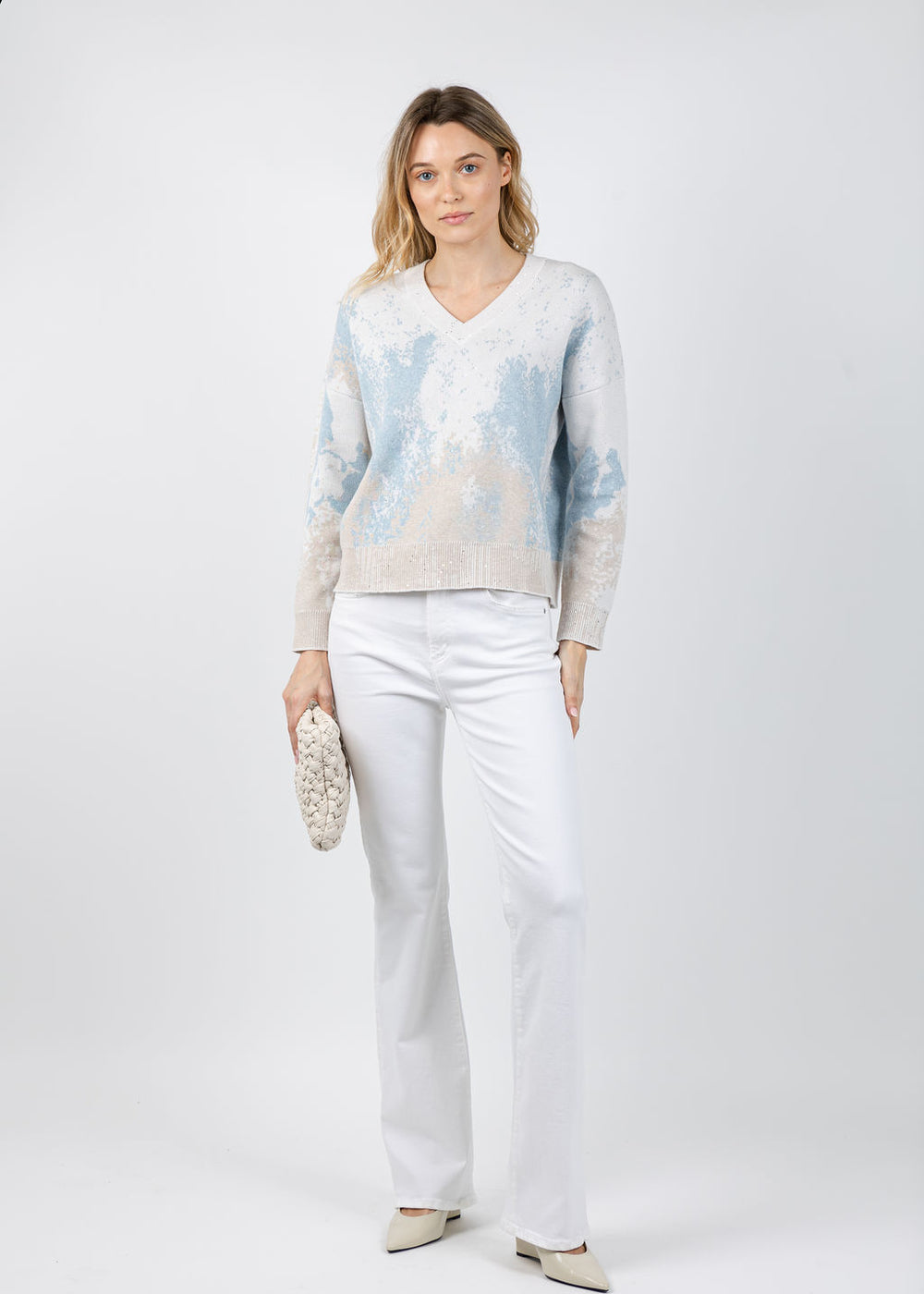 Kinross Sequin Jacquard Vee Sweater in Mist/Multi available at Barbara Katz
