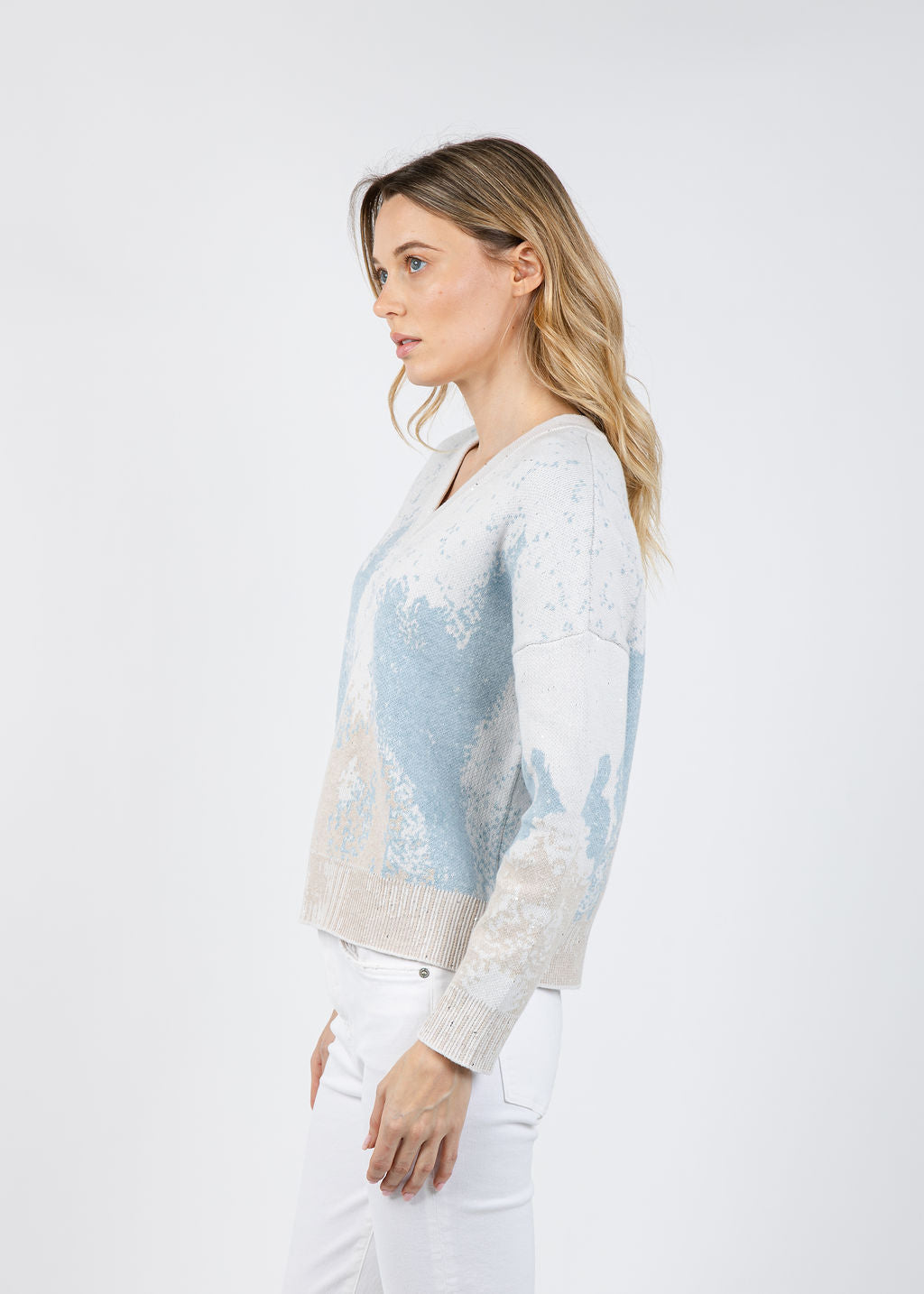 Kinross Sequin Jacquard Vee Sweater in Mist/Multi available at Barbara Katz