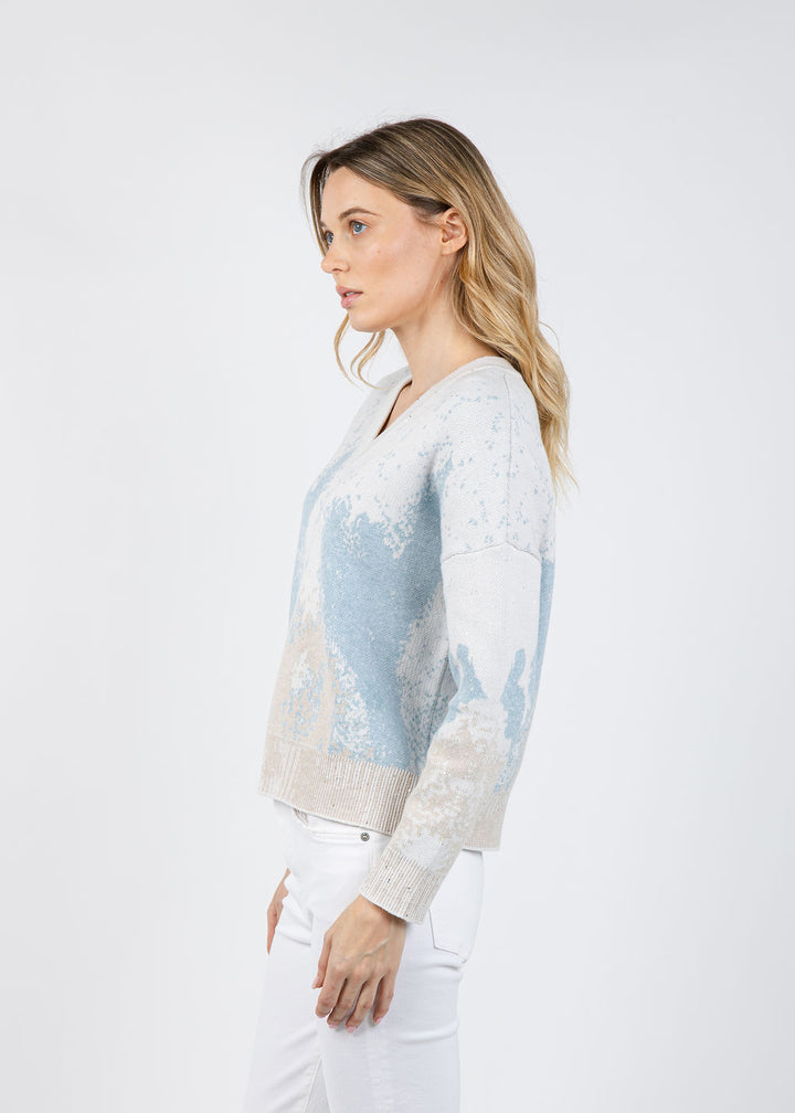 Kinross Sequin Jacquard Vee Sweater in Mist/Multi available at Barbara Katz