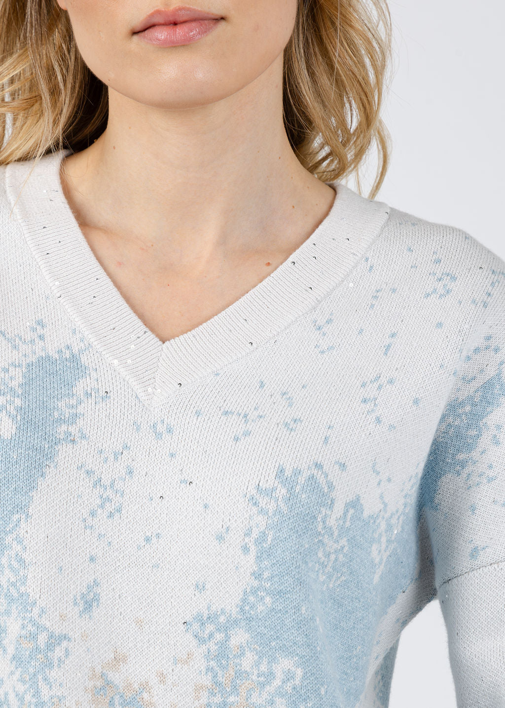 Kinross Sequin Jacquard Vee Sweater in Mist/Multi available at Barbara Katz