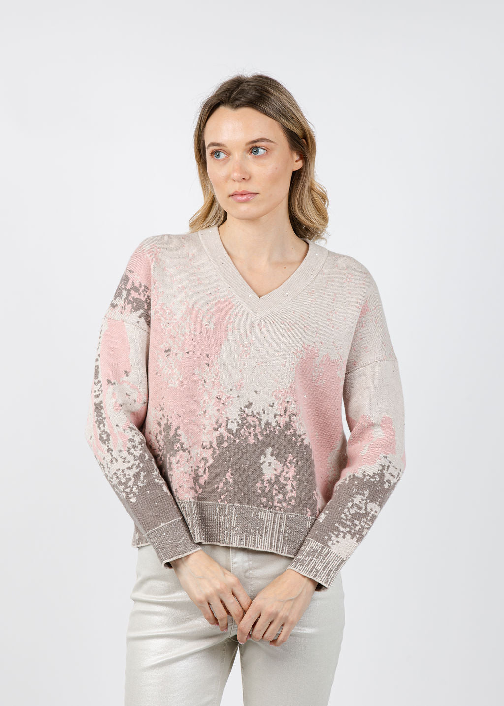 Kinross Sequin Jacquard Vee Sweater in Rosedust/Multi available at Barbara Katz