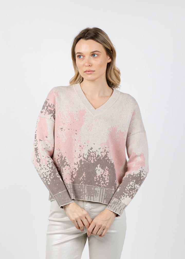 Kinross Sequin Jacquard Vee Sweater in Rosedust/Multi available at Barbara Katz