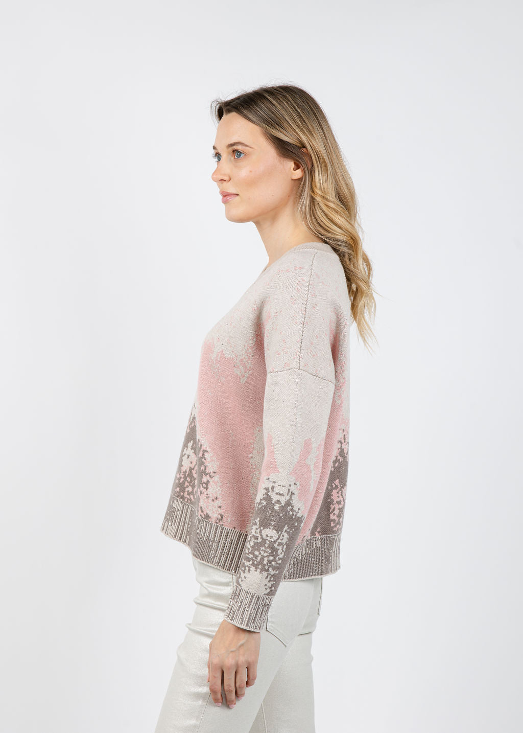 Kinross Sequin Jacquard Vee Sweater in Rosedust/Multi available at Barbara Katz