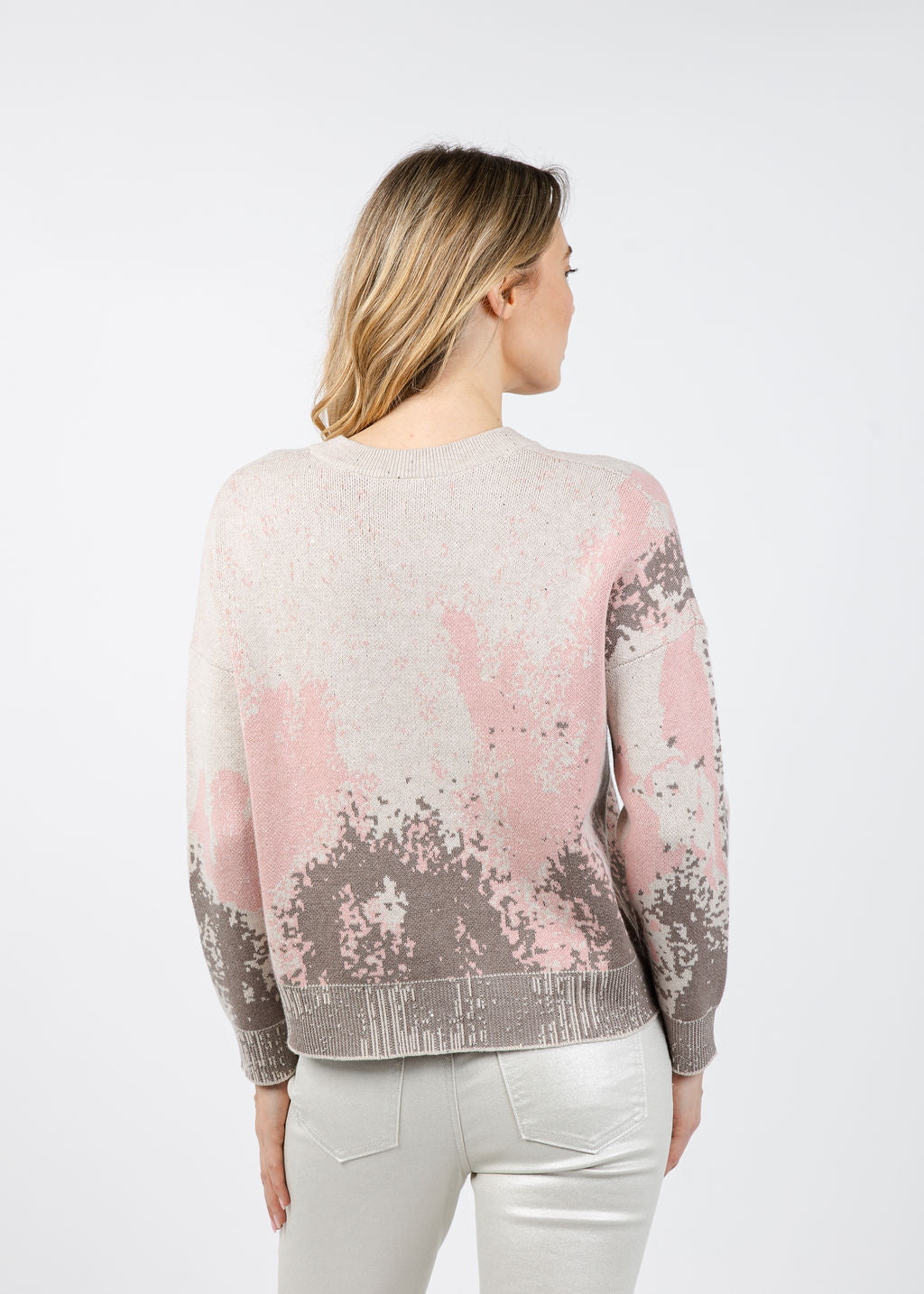 Kinross Sequin Jacquard Vee Sweater in Rosedust/Multi available at Barbara Katz