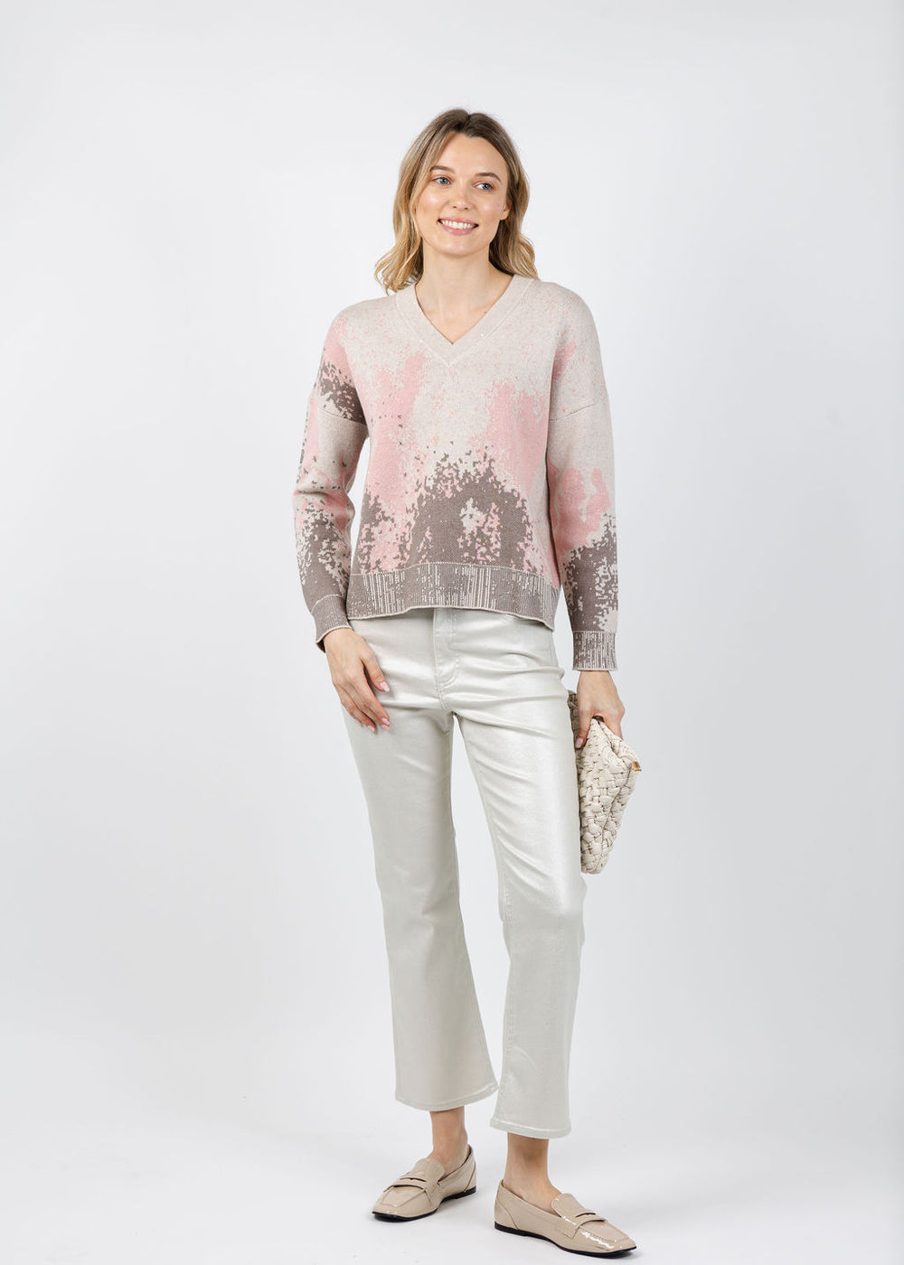 Kinross Sequin Jacquard Vee Sweater in Rosedust/Multi available at Barbara Katz
