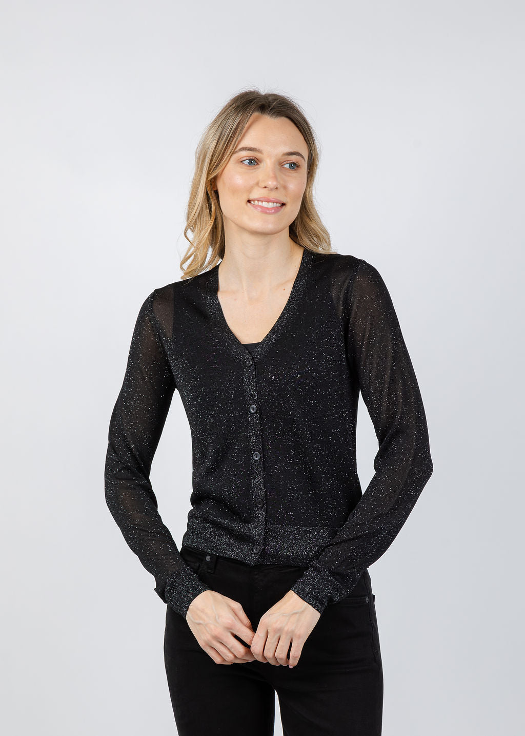 Kinross Shimmer Button Front Vee Cardigan in Black available at Barbara Katz