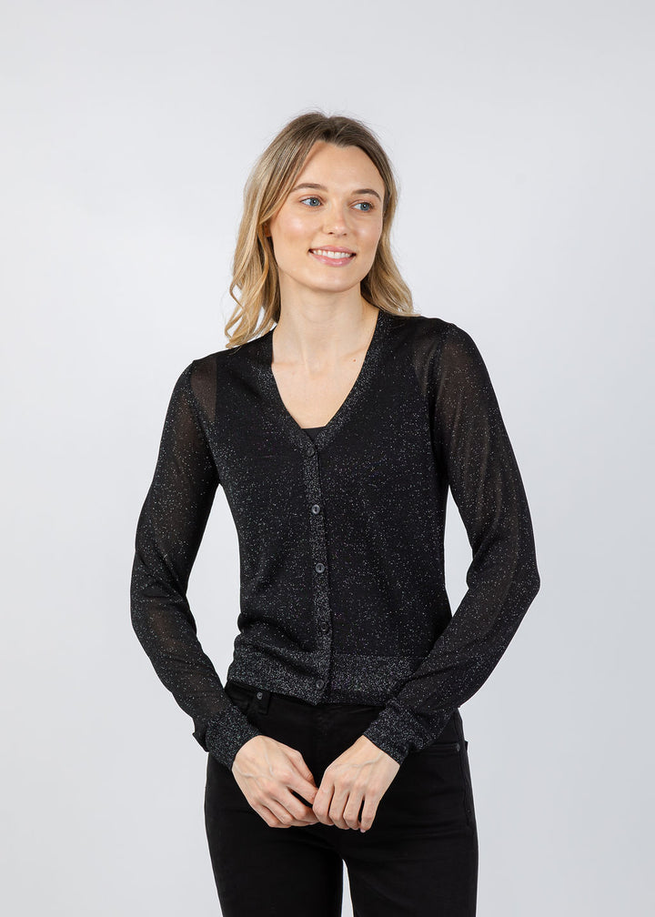 Kinross Shimmer Button Front Vee Cardigan in Black available at Barbara Katz