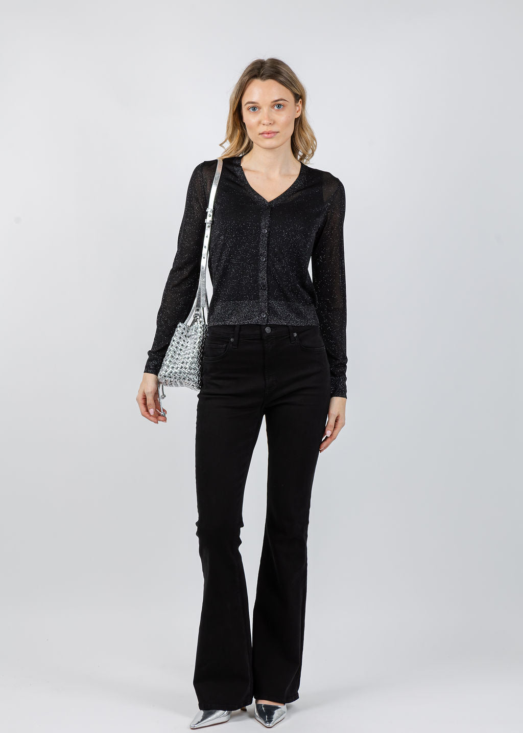Kinross Shimmer Button Front Vee Cardigan in Black available at Barbara Katz