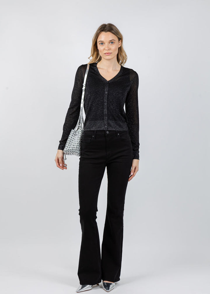 Kinross Shimmer Button Front Vee Cardigan in Black available at Barbara Katz