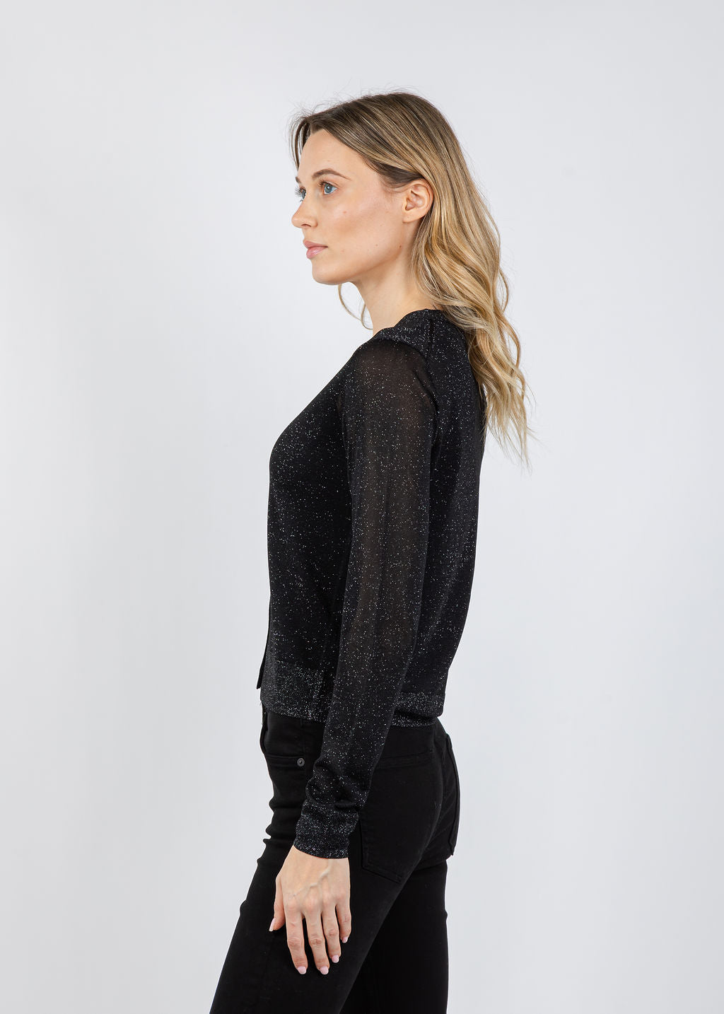 Kinross Shimmer Button Front Vee Cardigan in Black available at Barbara Katz