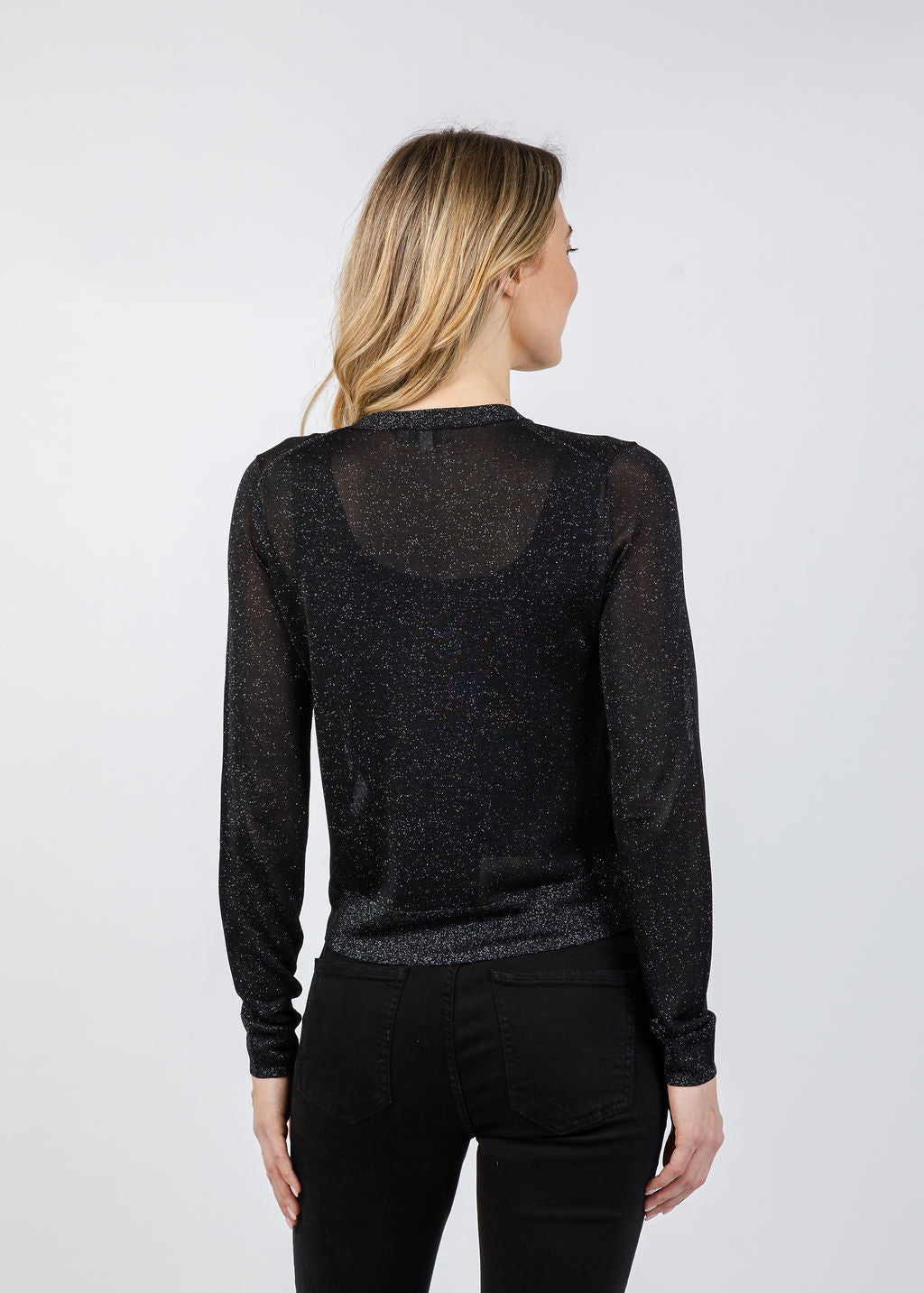 Kinross Shimmer Button Front Vee Cardigan in Black available at Barbara Katz