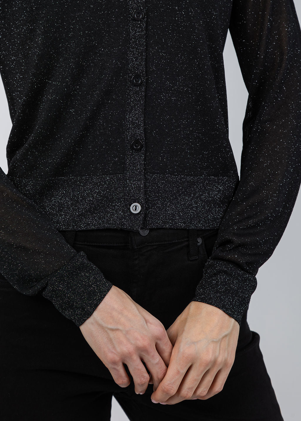 Kinross Shimmer Button Front Vee Cardigan in Black available at Barbara Katz
