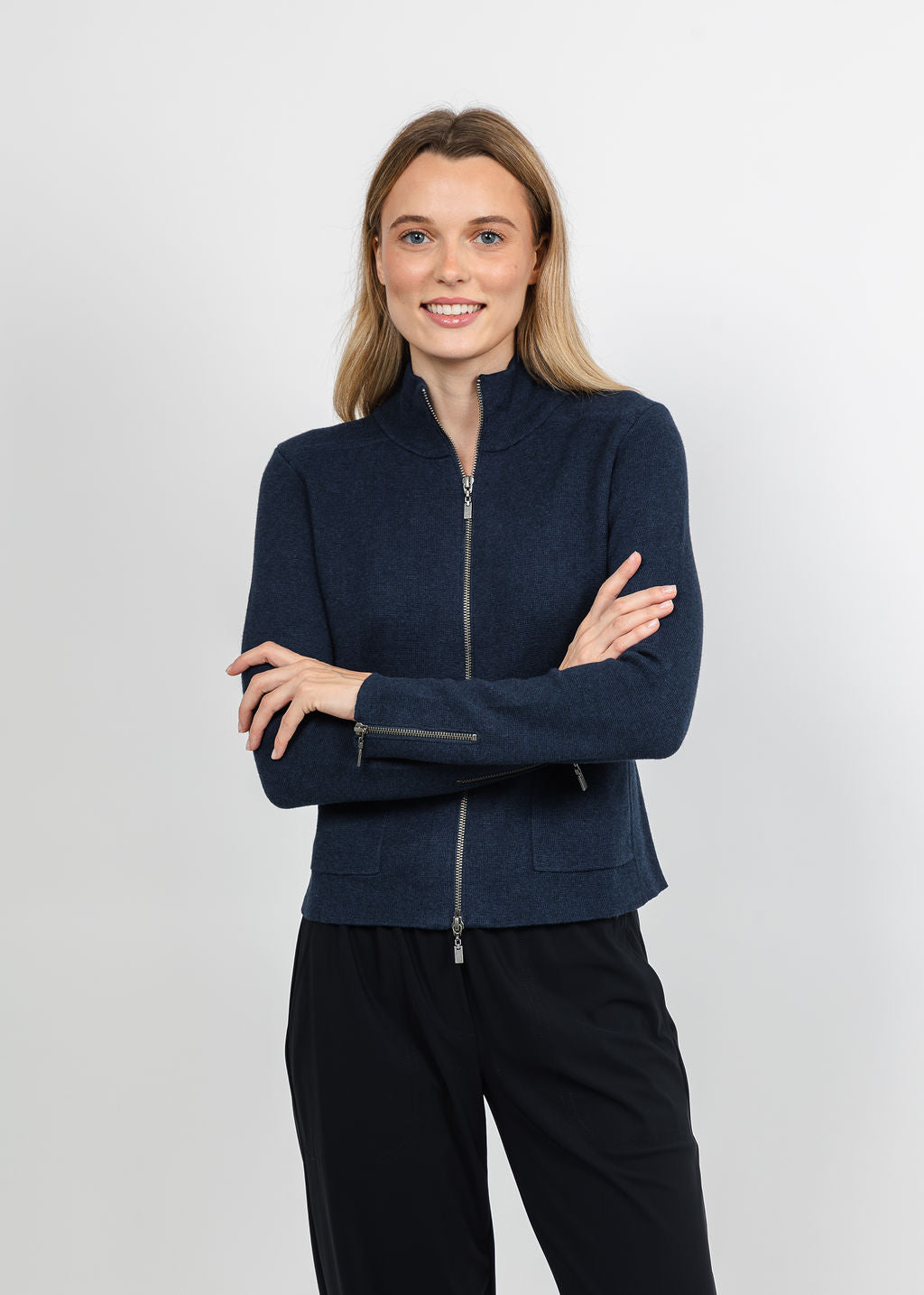Kinross Tailored Zip Mock Cardigan - Navy available at Barbara Katz