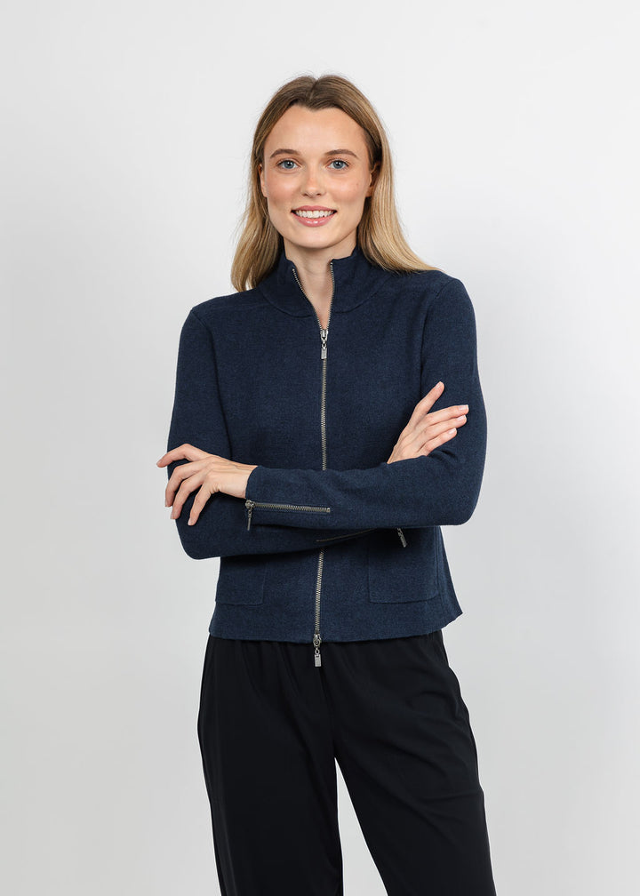 Kinross Tailored Zip Mock Cardigan - Navy available at Barbara Katz