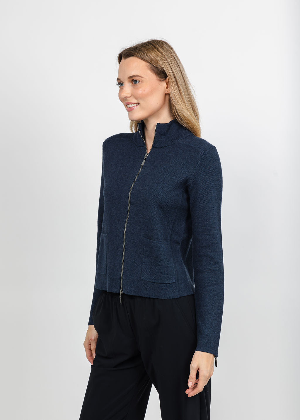 Kinross Tailored Zip Mock Cardigan - Navy available at Barbara Katz