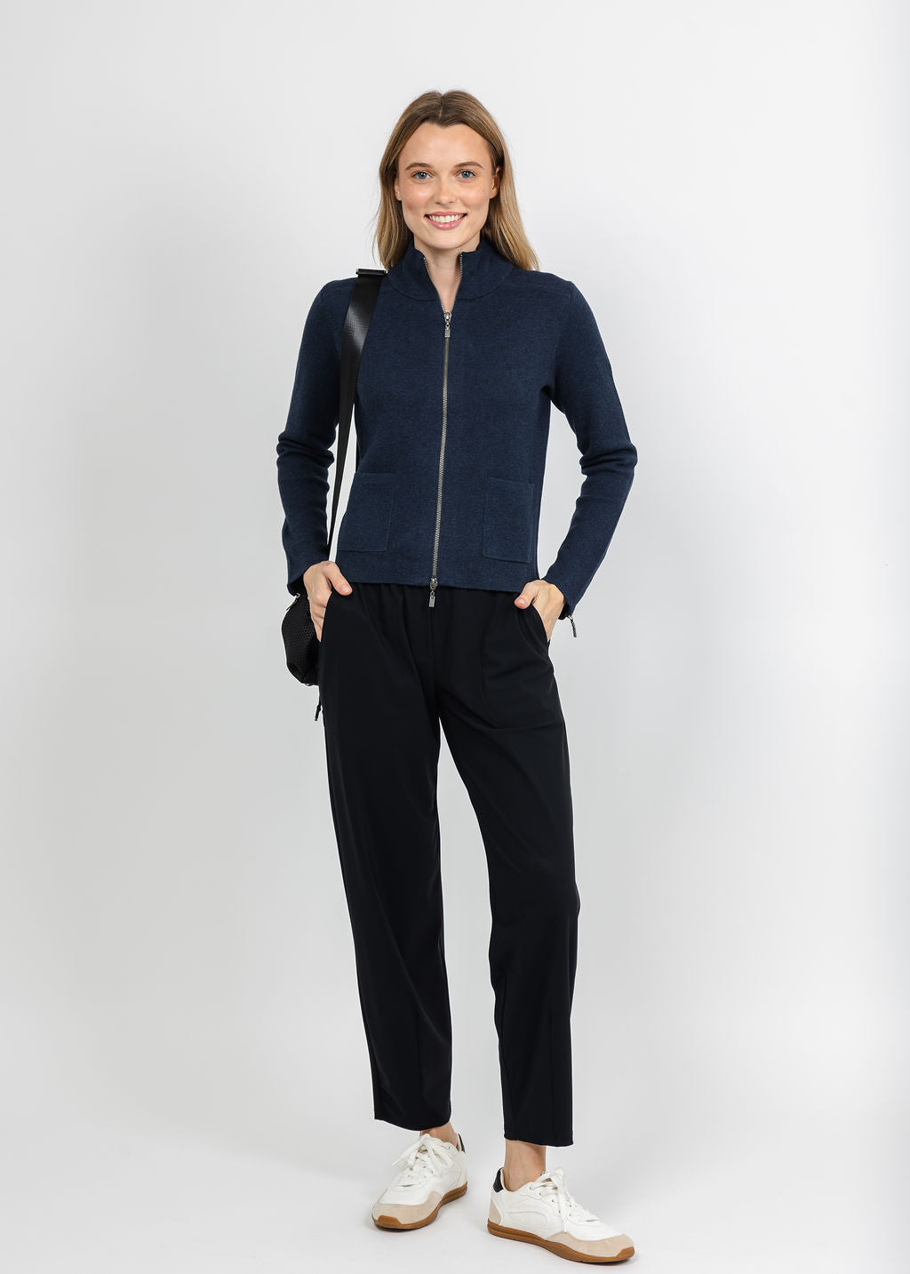 Kinross Tailored Zip Mock Cardigan - Navy available at Barbara Katz