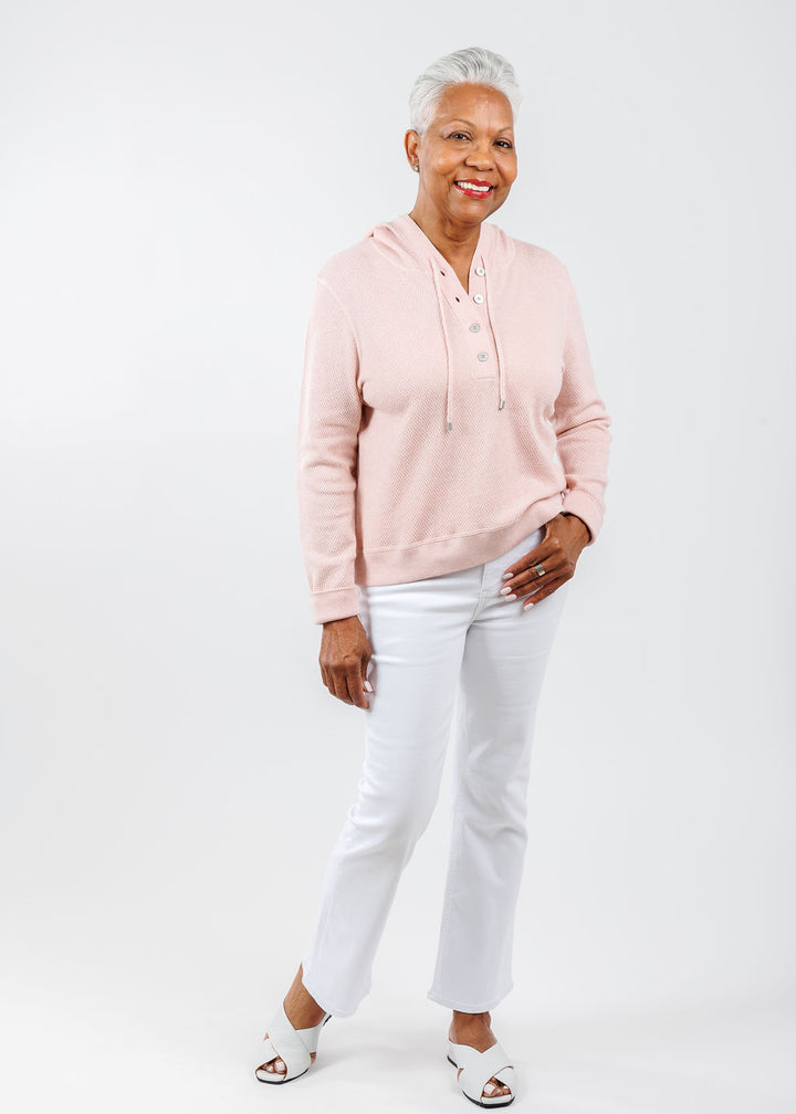 Kinross Textured Pullover Hoodie in Petal paired with Pistola Lennon High Rise Crop Boot Jeans in Vivid White available at Barbara Katz