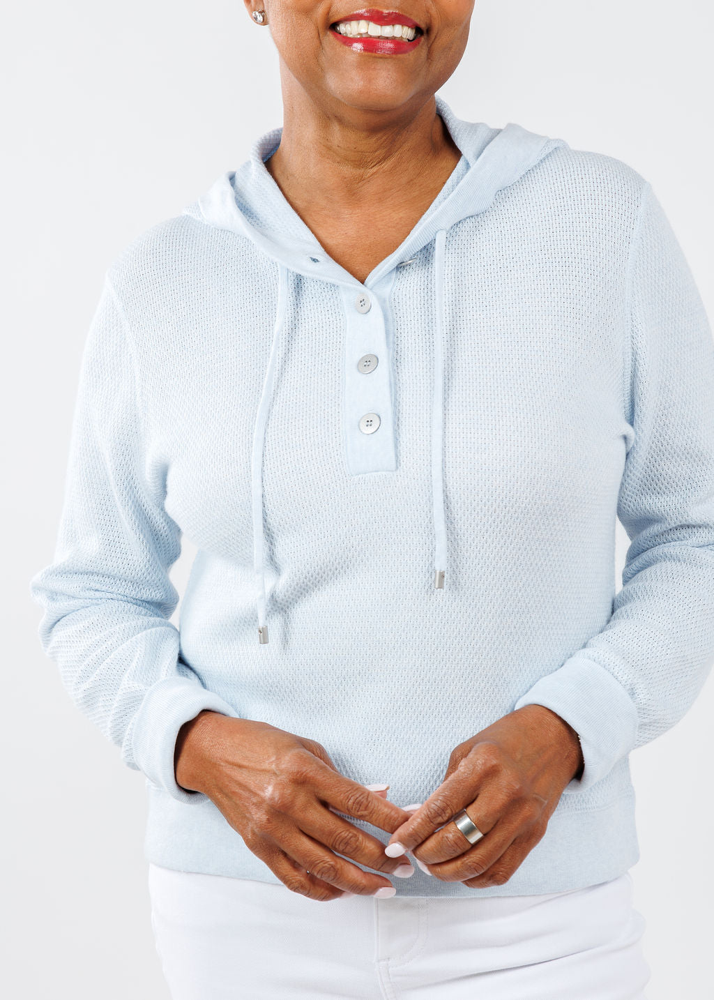 Kinross Textured Pullover Hoodie in Sky available at Barbara Katz