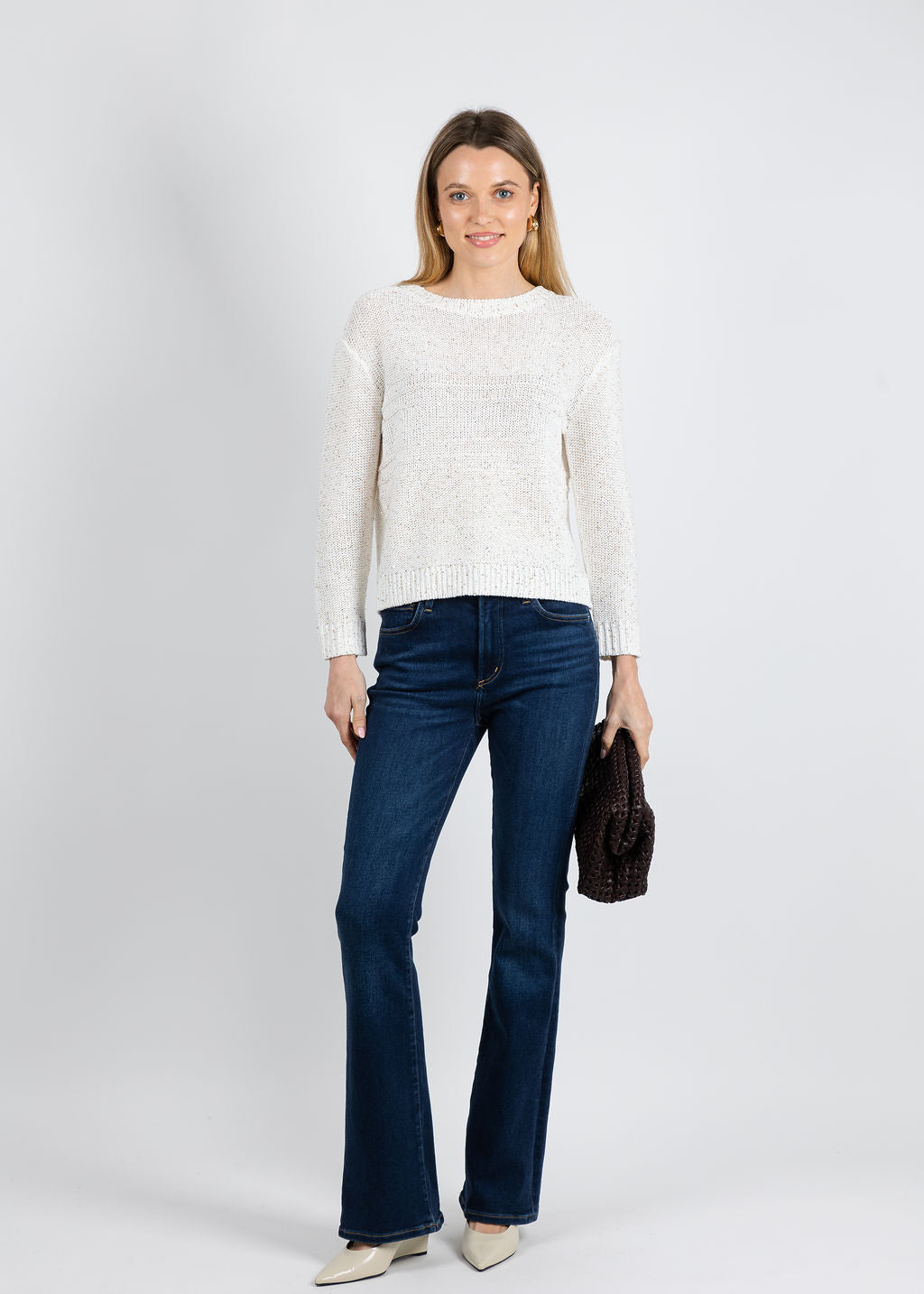 Kinross Textured Sequin Crew Sweater in Chalk available at Barbara Katz
