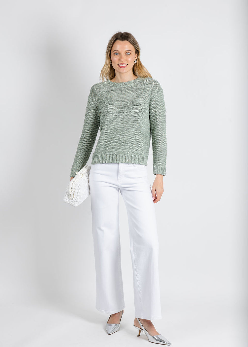 Kinross Textured Sequin Crew Sweater in Fern available at Barbara Katz