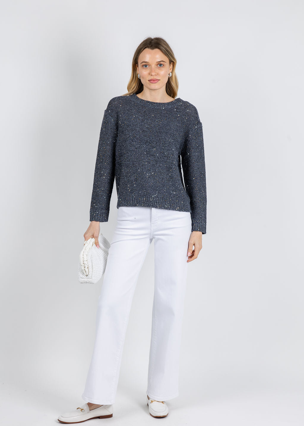 Kinross Textured Sequin Crew Sweater in Indigo available at Barbara Katz