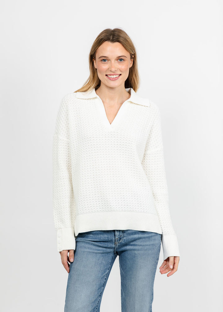 Kinross Textured Split Neck Polo - Cream available at Barbara Katz