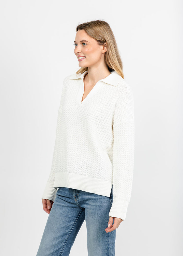 Kinross Textured Split Neck Polo - Cream available at Barbara Katz