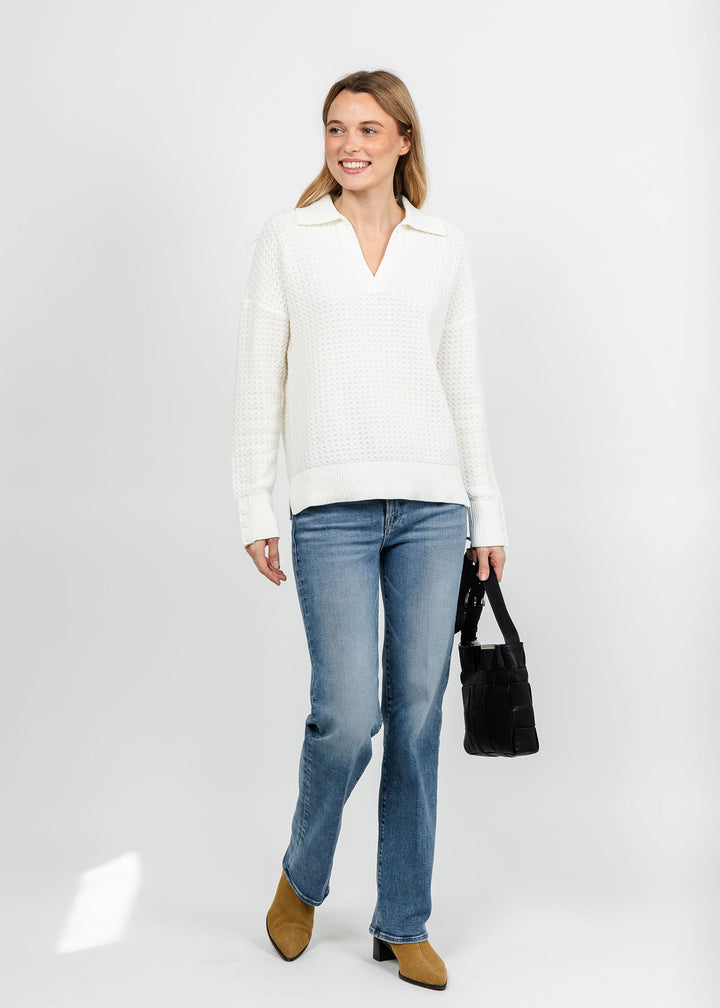 Kinross Textured Split Neck Polo - Cream available at Barbara Katz