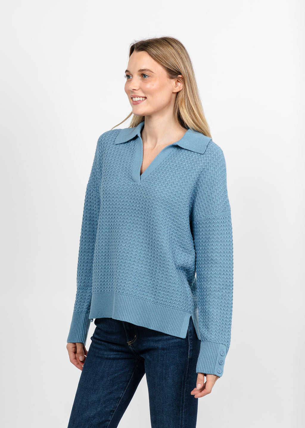 Kinross Textured Split Neck Polo - Loch available at Barbara Katz