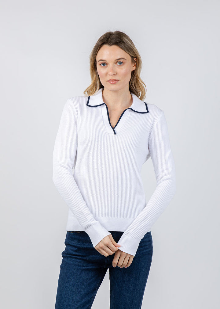 Kinross Tipped Rib Polo in White/Navy available at Barbara Katz