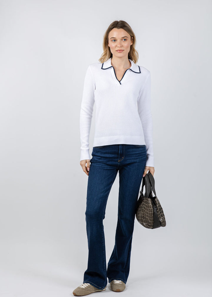 Kinross Tipped Rib Polo in White/Navy available at Barbara Katz