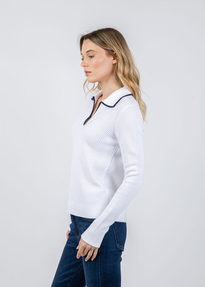 Kinross Tipped Rib Polo in White/Navy available at Barbara Katz