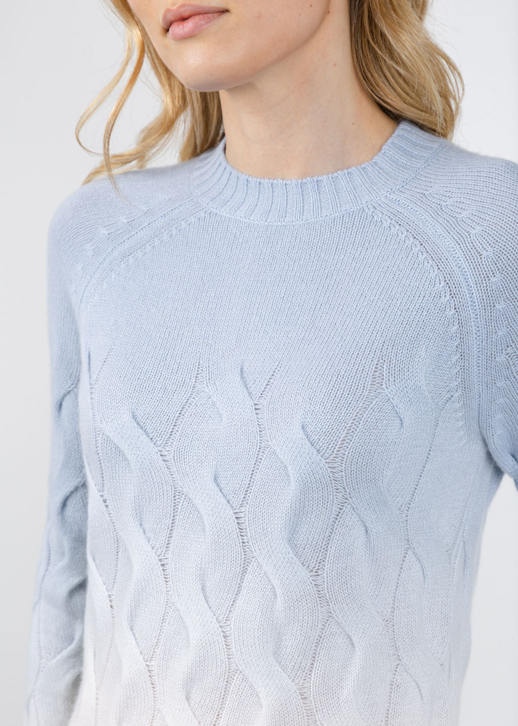 Wandering Cable Ombre Crew Sweater in Cove available at Barbara Katz