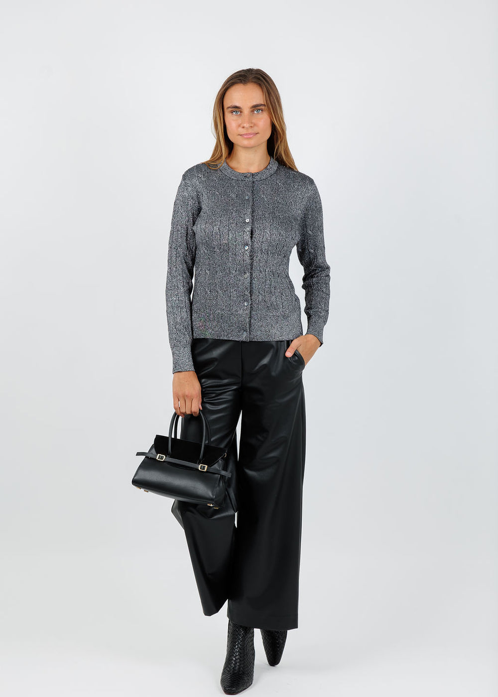 BK Kitti Lurex Cable Cardigan in Ebony/Silver available at Barbara Katz
