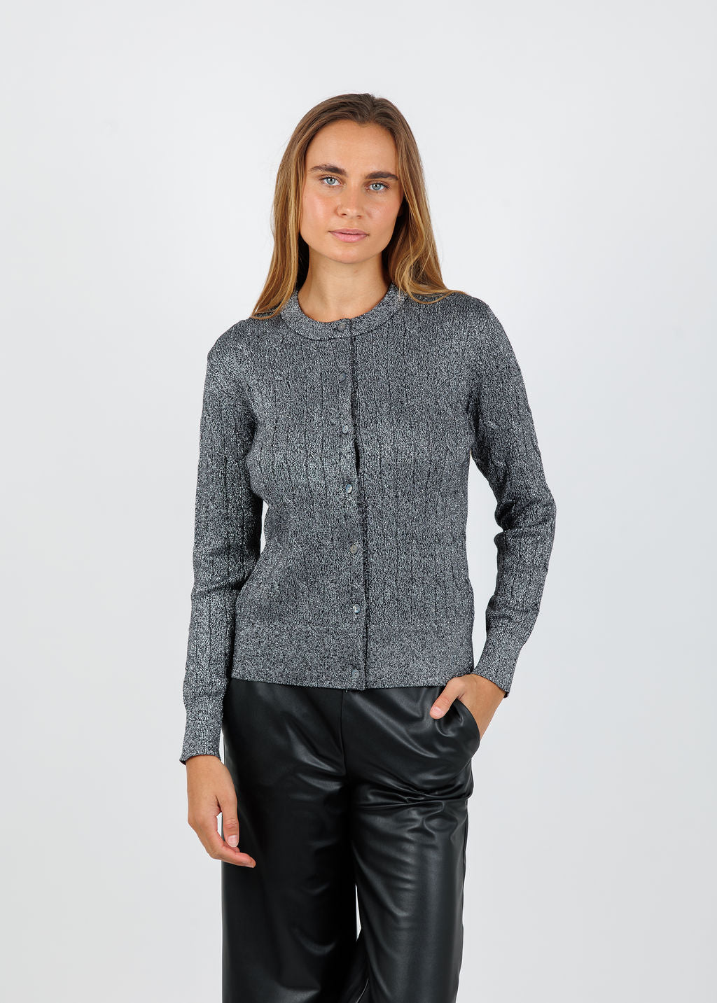 BK Kitti Lurex Cable Cardigan in Ebony/Silver available at Barbara Katz