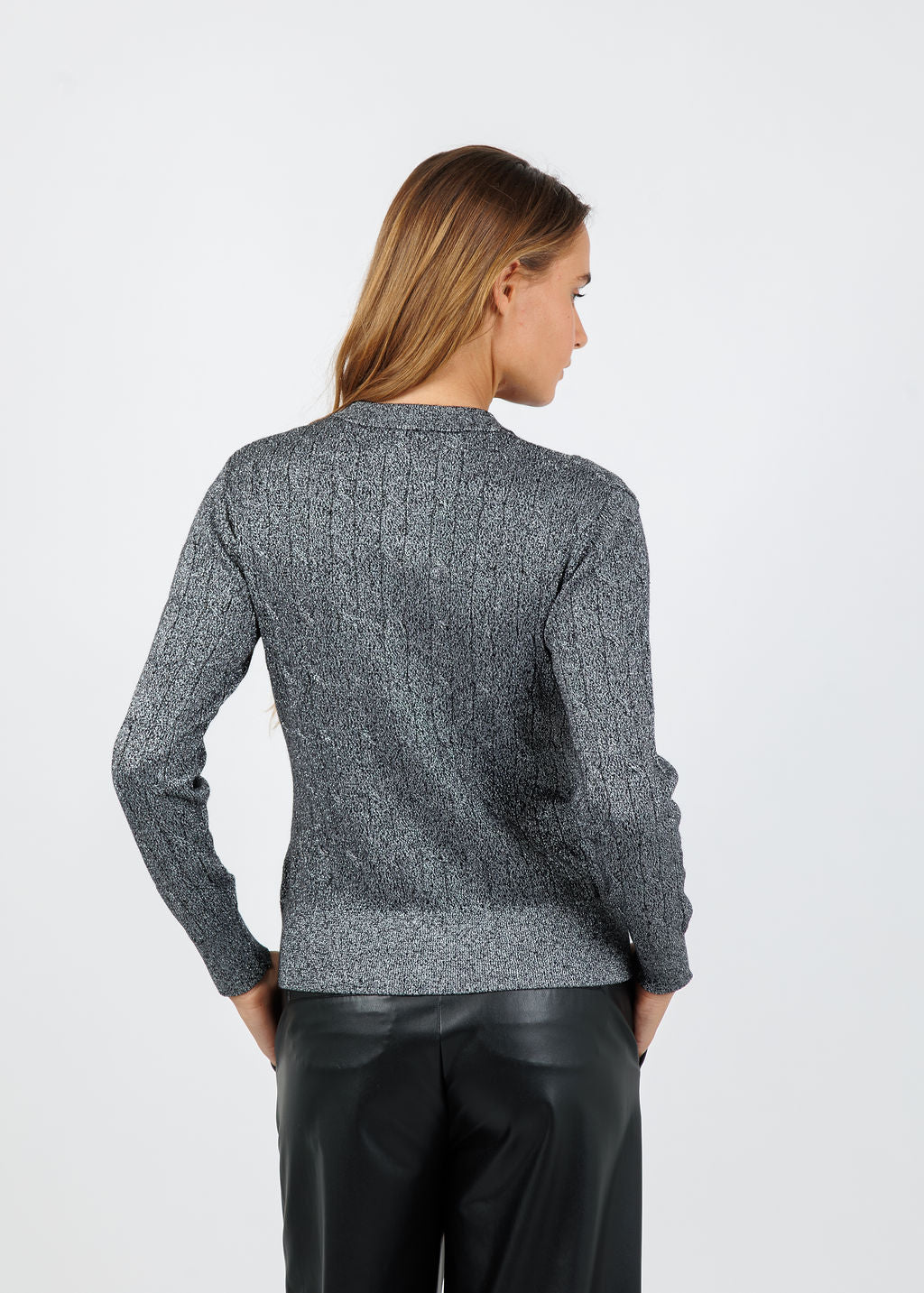 BK Kitti Lurex Cable Cardigan in Ebony/Silver available at Barbara Katz