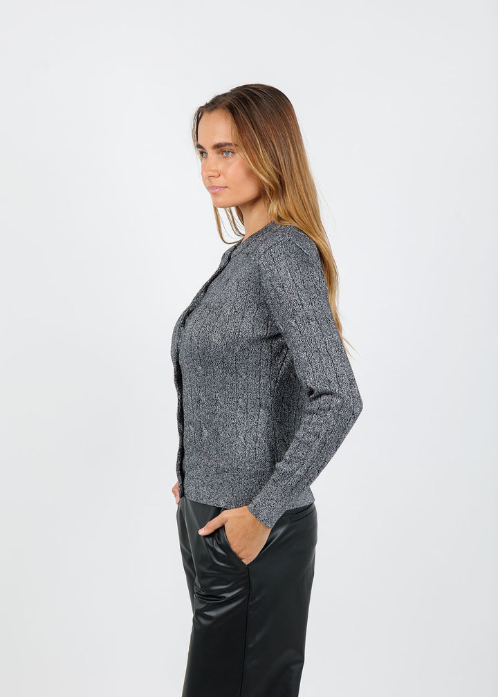 BK Kitti Lurex Cable Cardigan in Ebony/Silver available at Barbara Katz